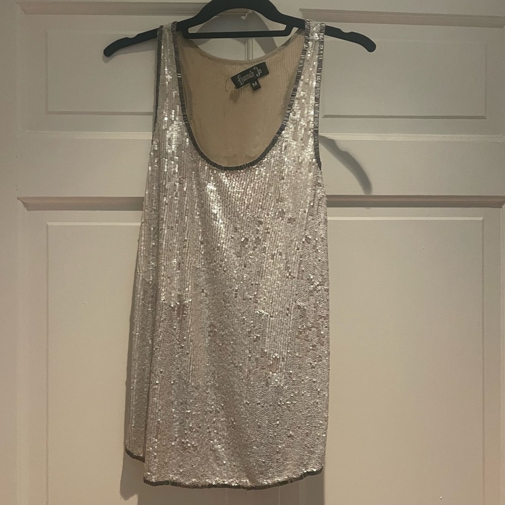Hannah Jo Beige Sequin Beaded Tank Blouse